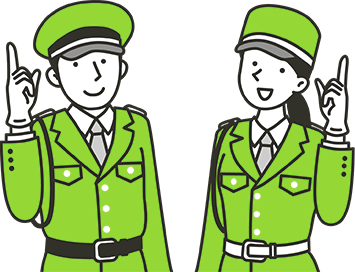 指を差して微笑む警備服の男性と女性のイラスト