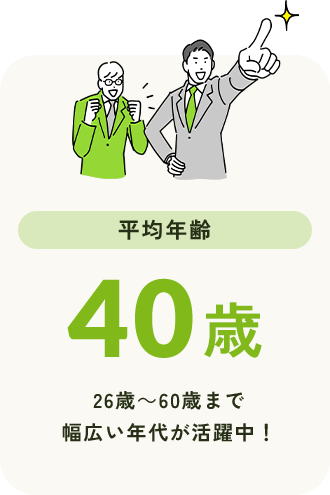 平均年齢40歳 26歳〜60歳まで幅広い年代が活躍中!