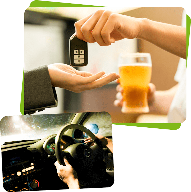 飲酒後に運転代行スタッフへ車の鍵を手渡しする様子と、夜間に運転代行ドライバーが運転する様子